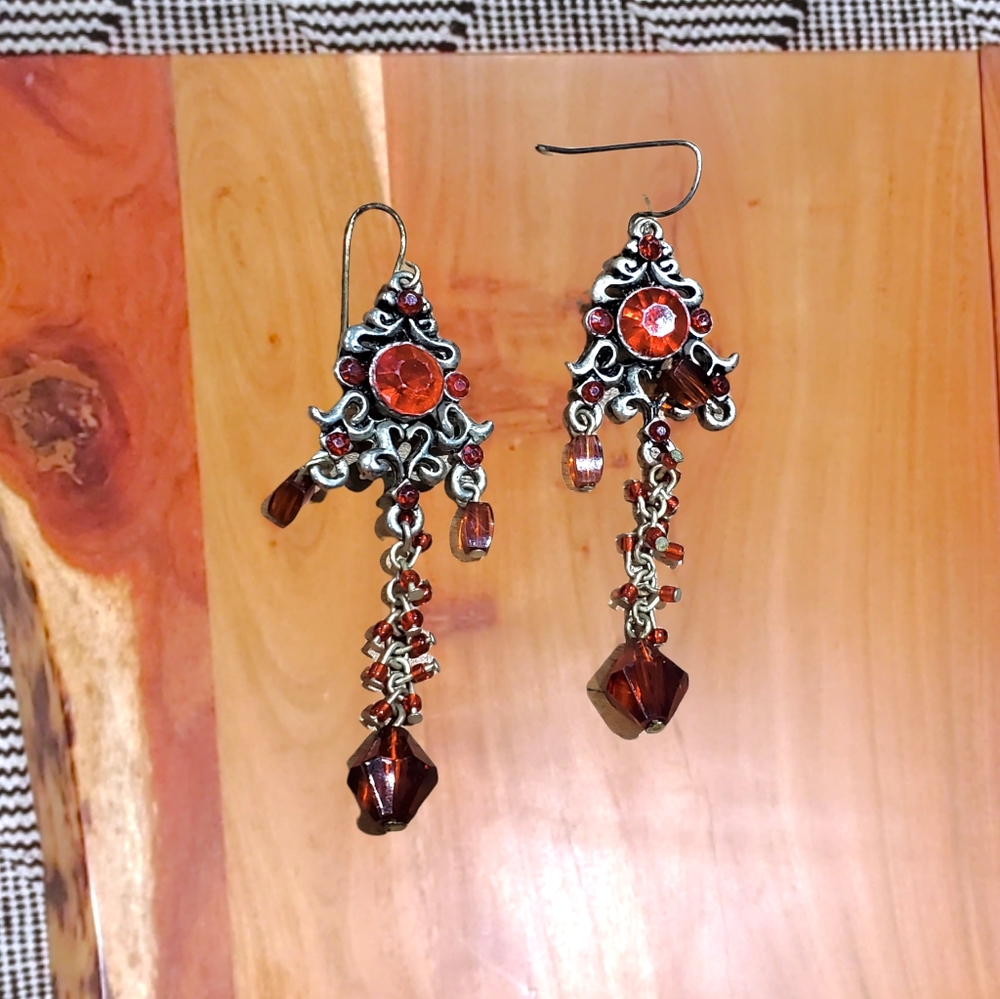 90's Chandelier Earrings with Simulated Gems- Silver plated- Vintage